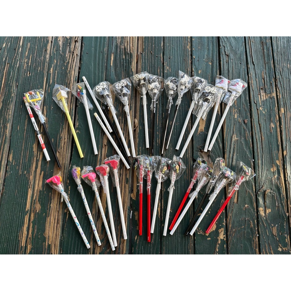 Vintage Novelty Pencils Lot 25+ Rock N Roll Ice Skate Whistle Toppers Taiwan
